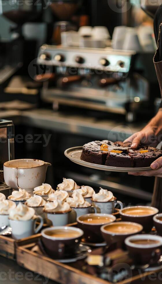Cozy Cafe Vibes Barista Serving Plum Cake with Lattes and Caramel Macchiatos for Marketing photo