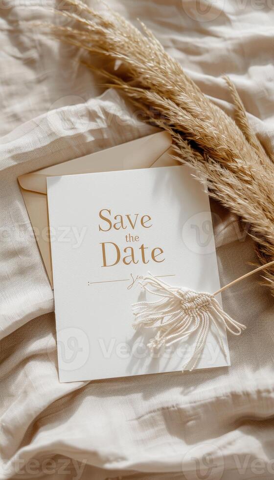 Boho Style Save the Date Card with Macrame Accents for Weddings or Events photo