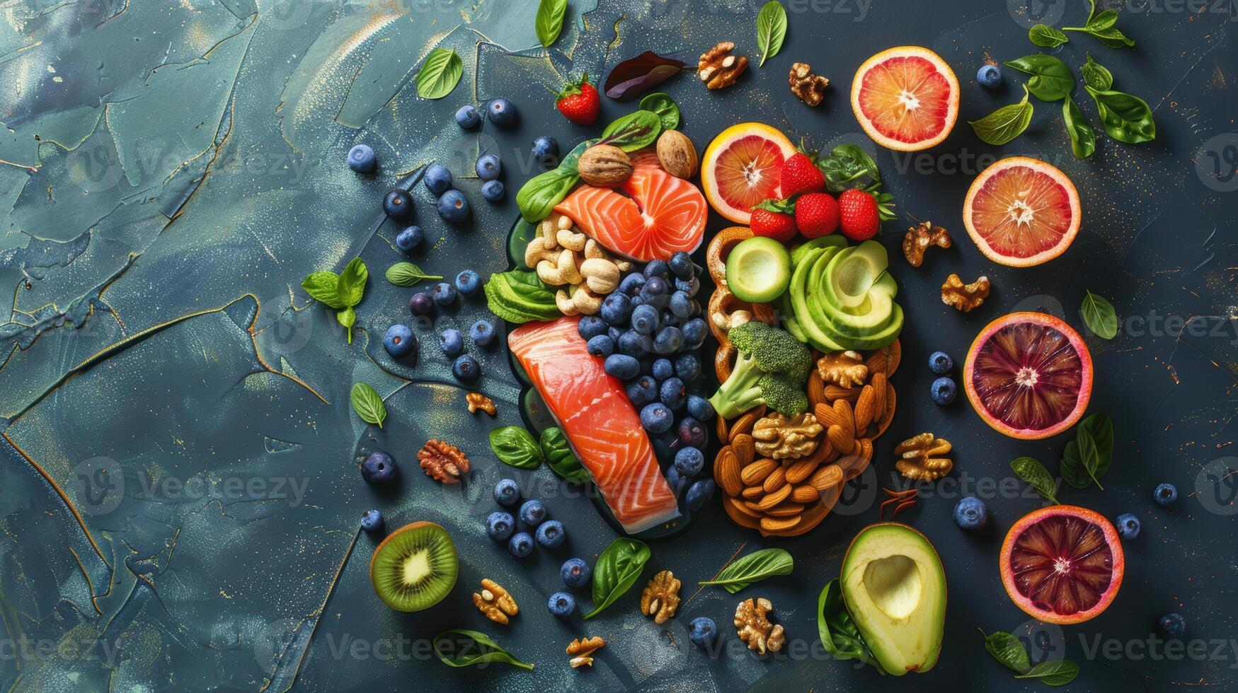 Brain-Boosting Foods Flat Lay. Blueberries, Walnuts, Salmon, Avocados Design for Print or Poster photo