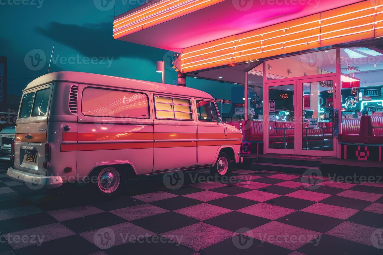 Retro Delivery Van at Neon-Lit Diner for Nostalgic Design or Vintage Print Projects photo