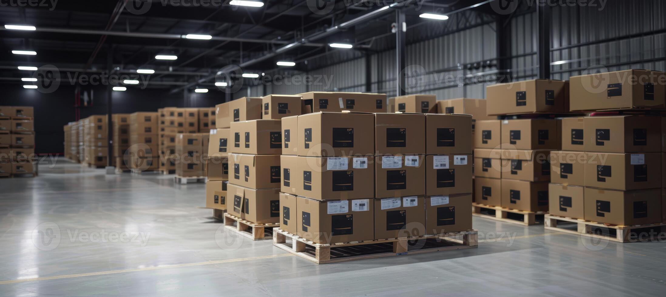 Branded Delivery Boxes Stacked on Pallets in Modern Warehouse - Ready for Shipping photo