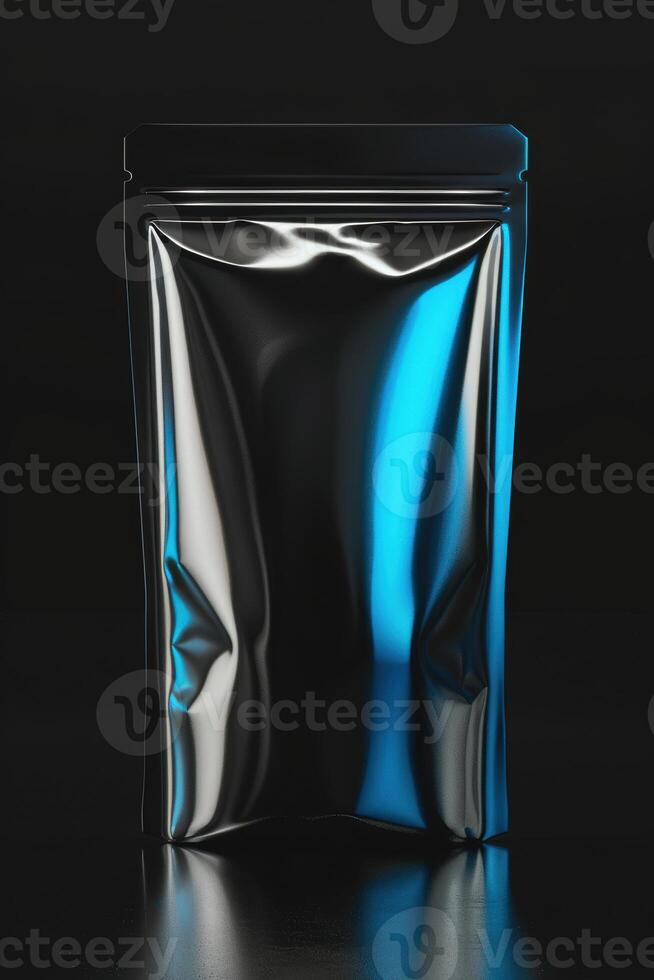 Sleek Metallic Pouch Mockup with Vibrant Blue Label on Glossy Black Background for Modern Design photo
