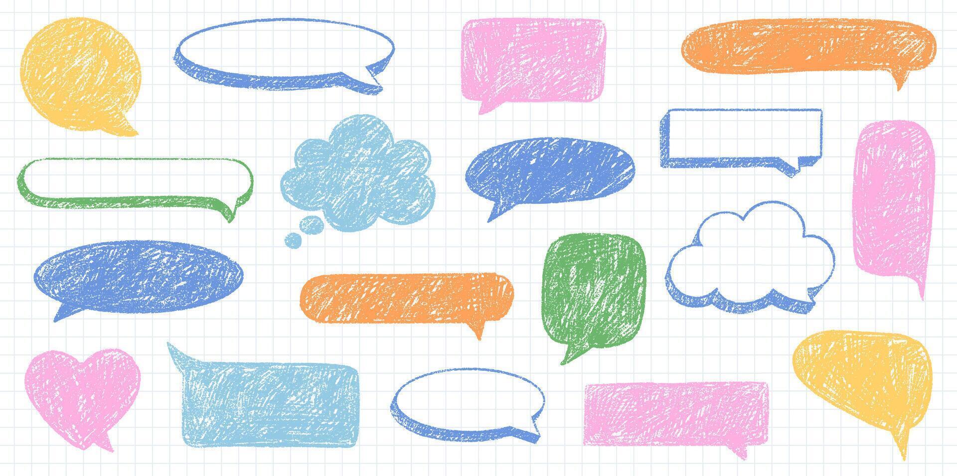 Crayon Speech Bubble Frame. Chalk Talk Balloon. Colorful Dialog Chat Illustrations. vector