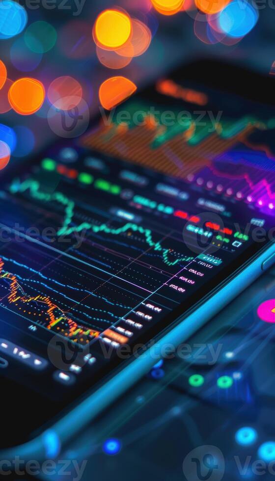 Cryptocurrency Trading App Displaying Balances and Live Charts in Futuristic Vivid Lighting photo