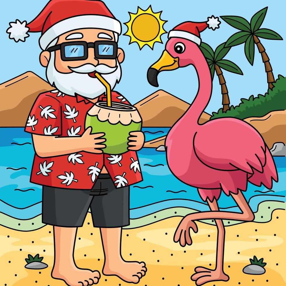 Christmas in July Santa and Flamingo Colored vector
