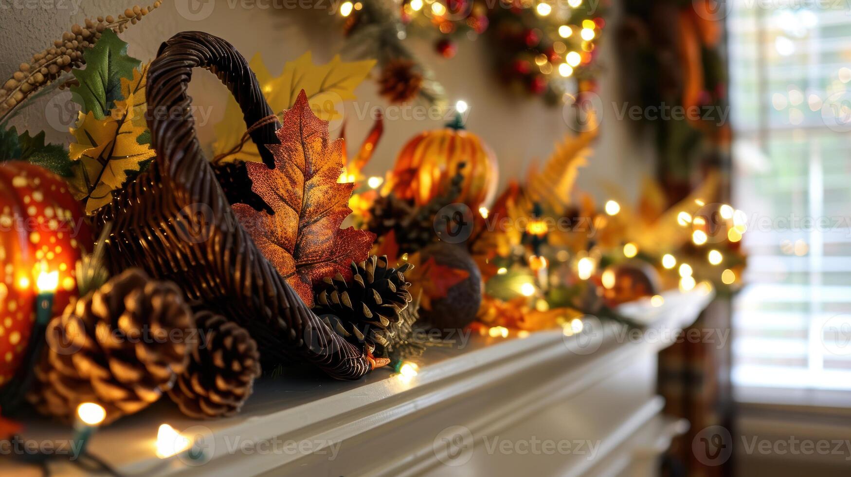 Autumn Cornucopia Display with Leaves, Pumpkins, and Fairy Lights for Fall Decor photo