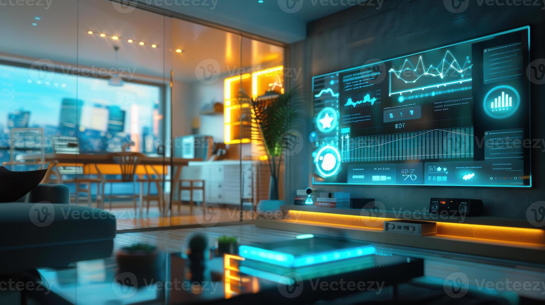 Futuristic Digital Assistant with Holographic Financial Analytics in Smart Home Setting photo