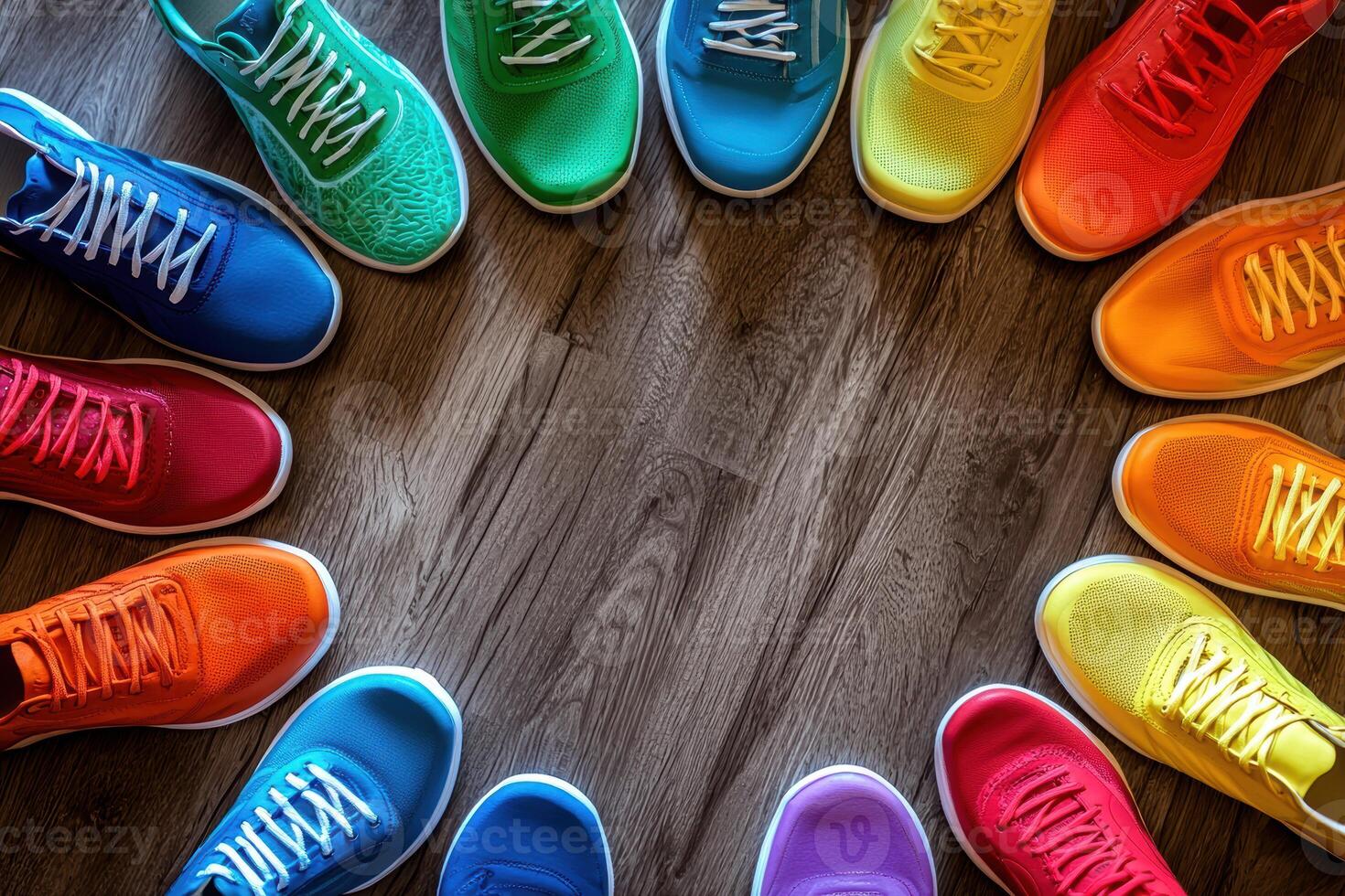 Vibrant Display of Colorful Badminton Shoes on Wooden Floor for Style and Functionality photo