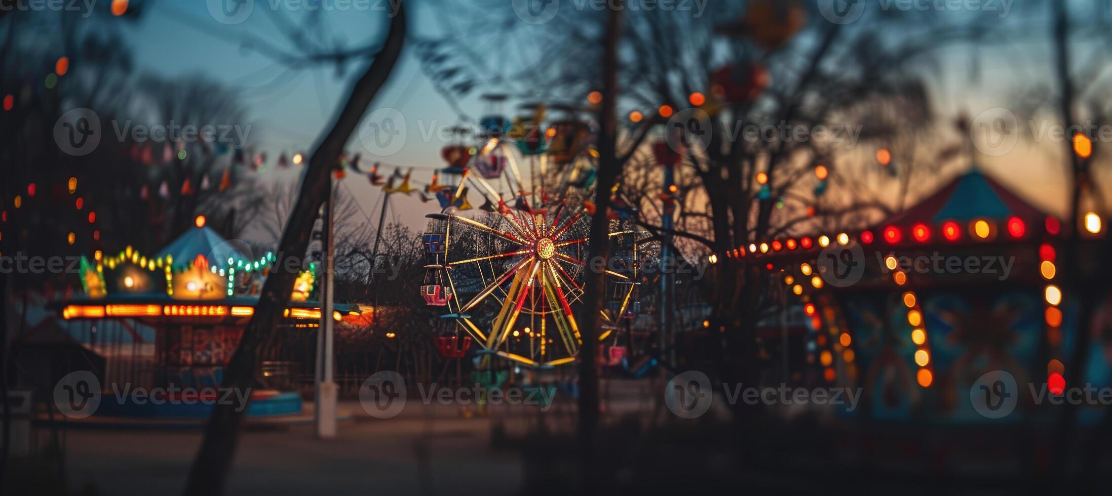 Nostalgic Twilight at a Deserted Amusement Park with Dim Ferris Wheel Lights photo