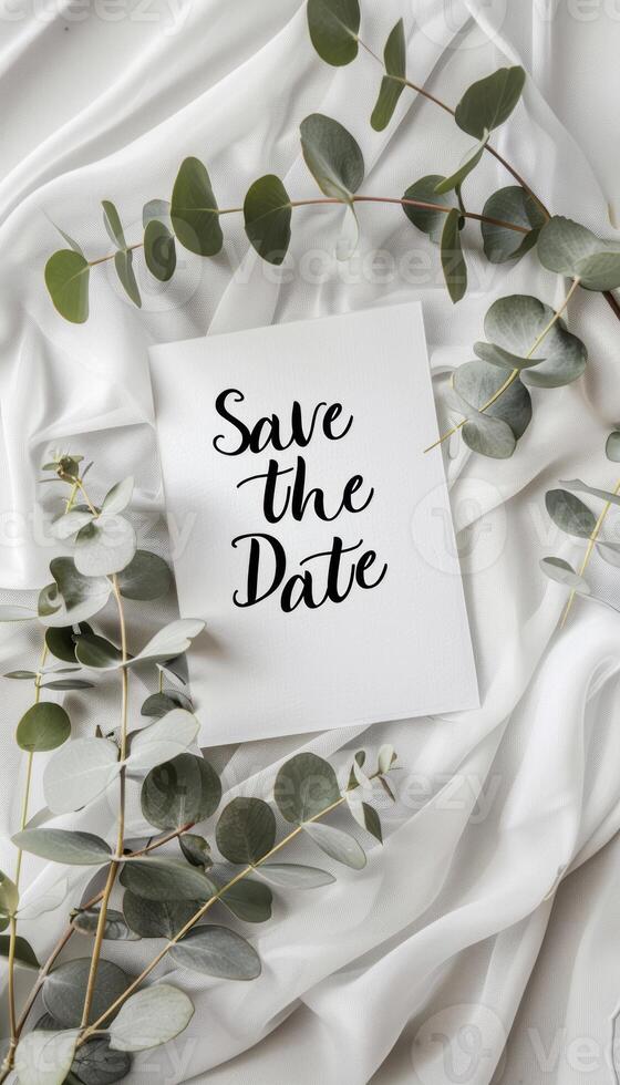 Minimalistic Save the Date Card with Eucalyptus Leaves on Soft Linen for Elegant Wedding Invitations photo