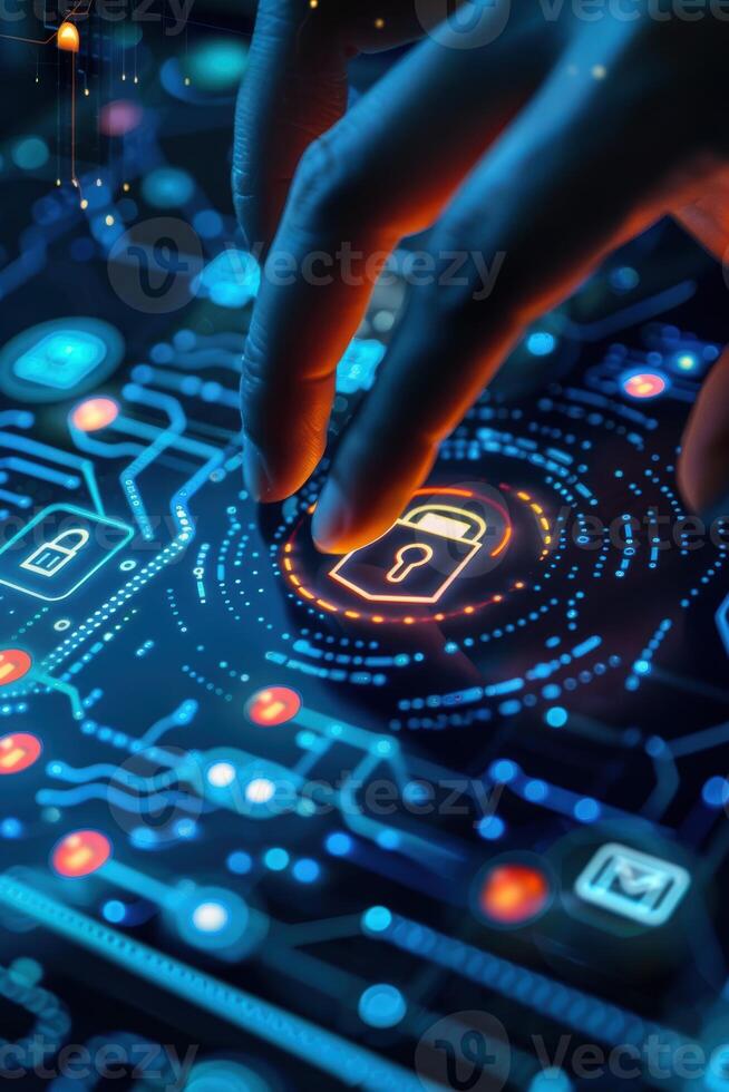 Digital Security. Finger Touching Secure PIN Pad With Glowing Lock and Encryption Symbols photo