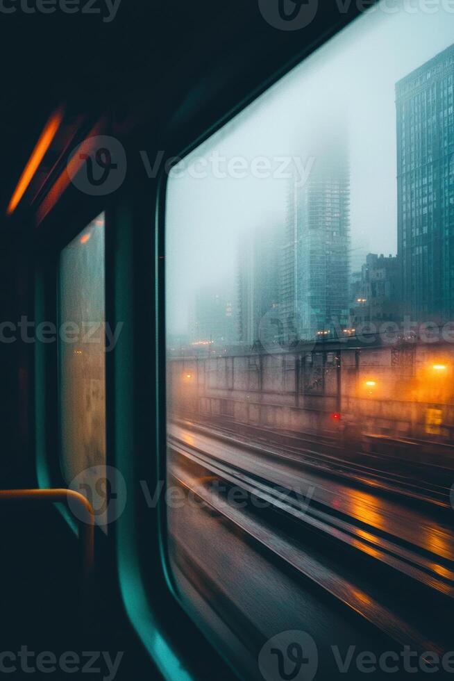 Urban Enclosure. Foggy Cityscape Through a Bus Window for Pollution Awareness Design photo