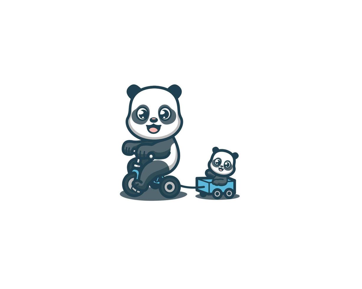 Cute panda father and son riding a bicycle mascot vector