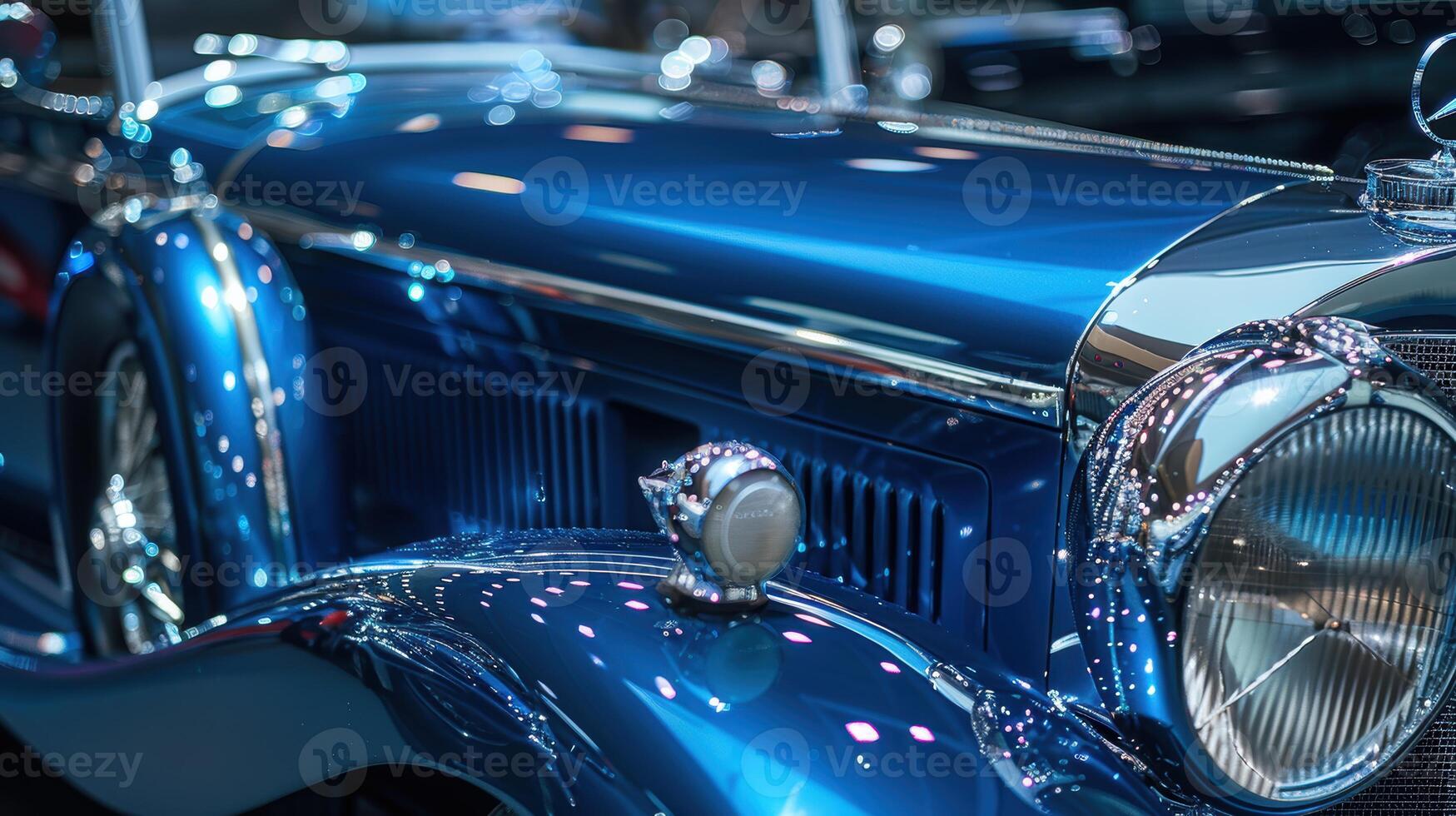 Classic Vintage Car in Deep Blue with Chrome Details at Exhibition Perfect for Design and Posters photo
