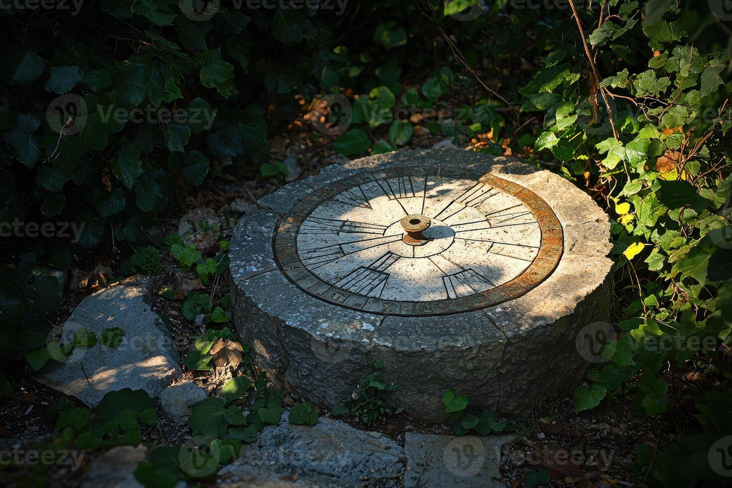 Weathered Sundial in Lush Overgrown Garden Symbolizing Time's Passage photo