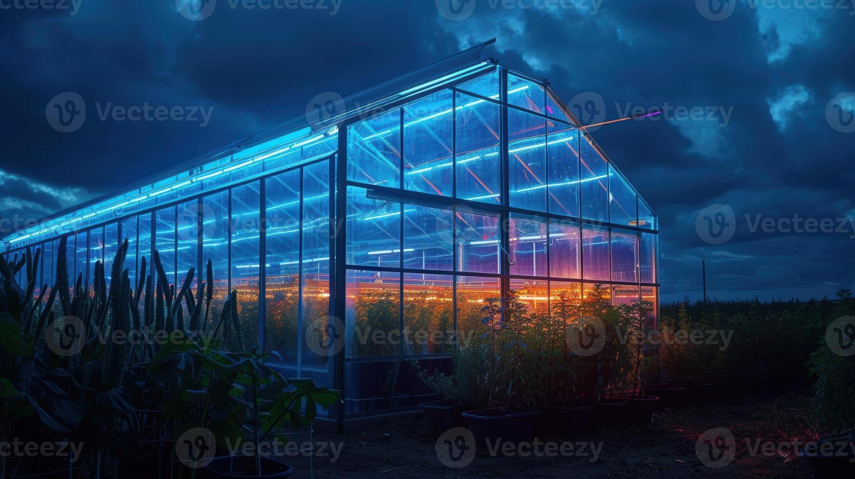 Illuminated Greenhouse at Night Showcasing Advanced LED Farming Technology for Sustainable Agriculture photo