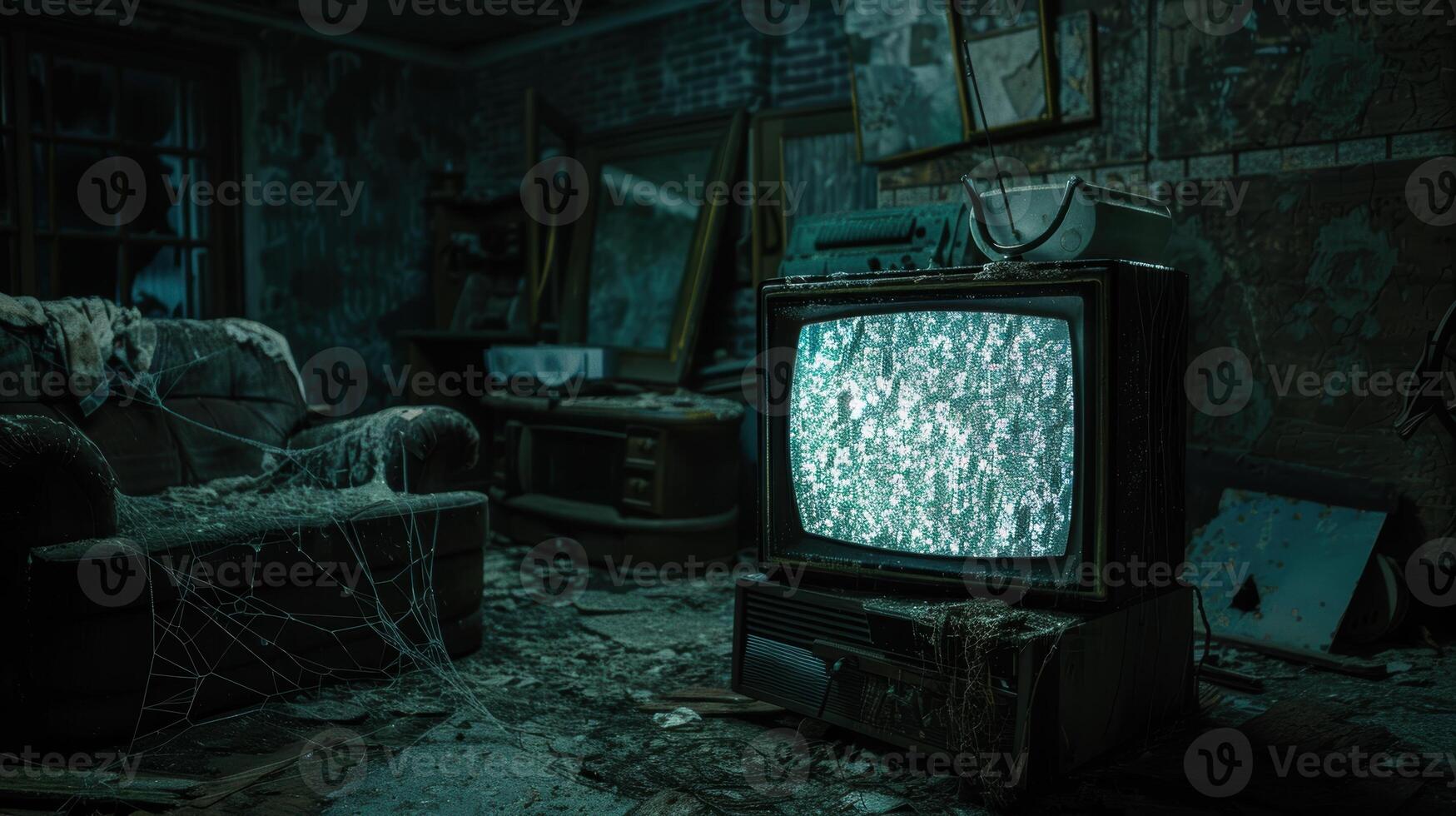 Eerie Vintage Basement Scene with Static-Filled TV and Old Furniture for Halloween Atmosphere photo