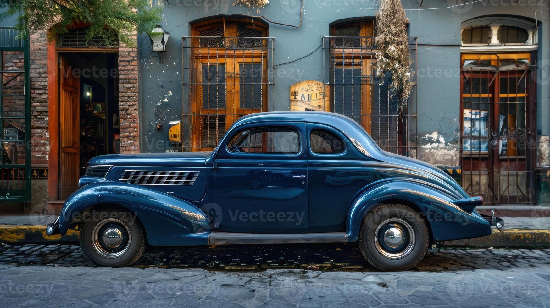 Vintage Car Parked by Historic Building. Classic Elegance in Deep Blue for Posters and Prints photo