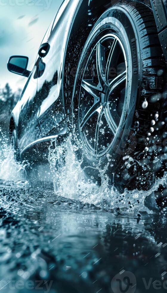 Dynamic Car Tire Driving Through Puddle Showcasing Superior Wet Condition Traction photo
