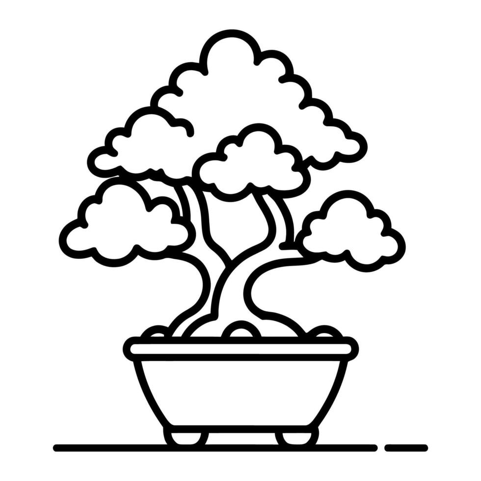 Minimalist Black and White Bonsai Tree Art with Ceramic Pot and Clean Background vector