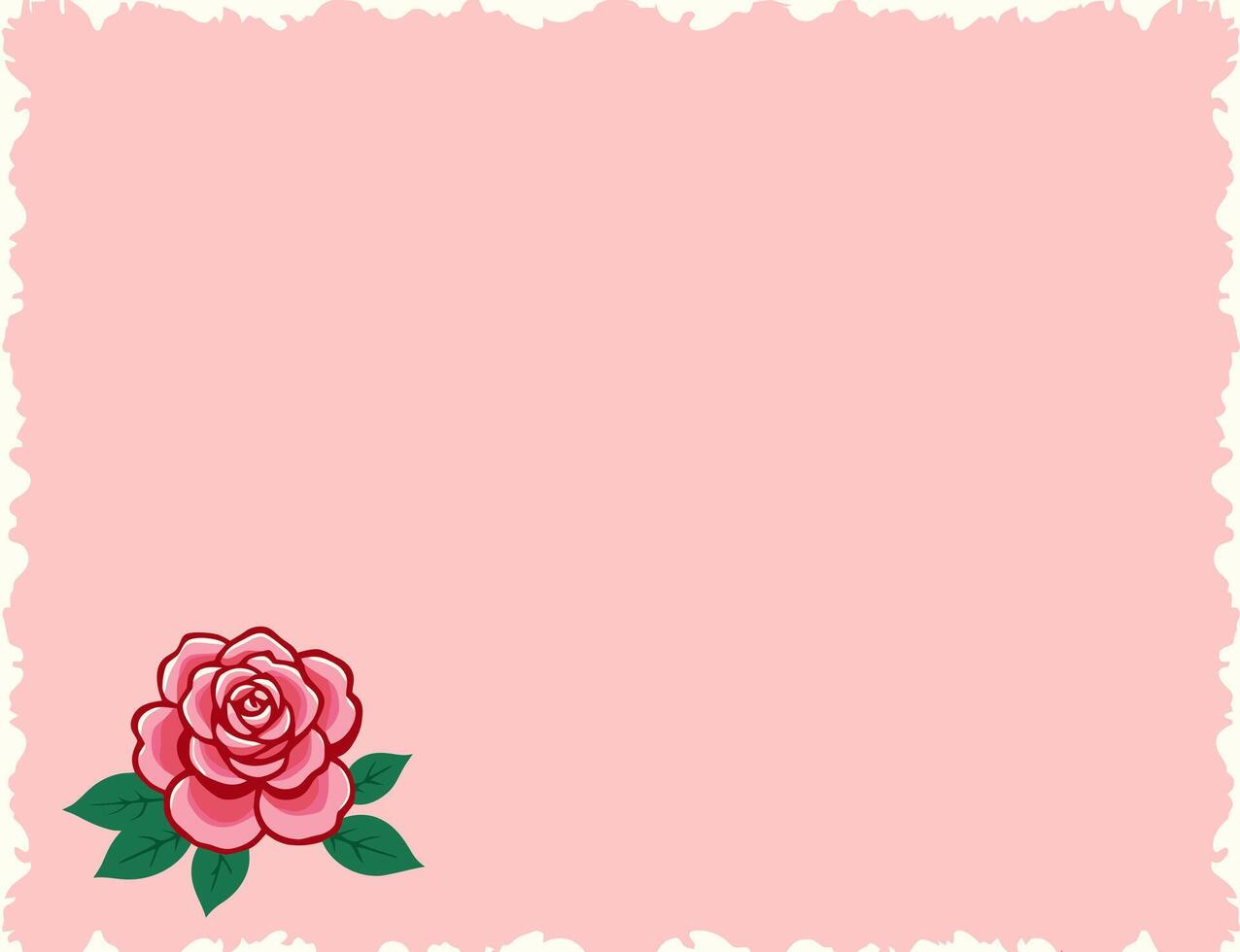 A pink background with a white border, a red rose, and a flower design adjacent to the rose. vector