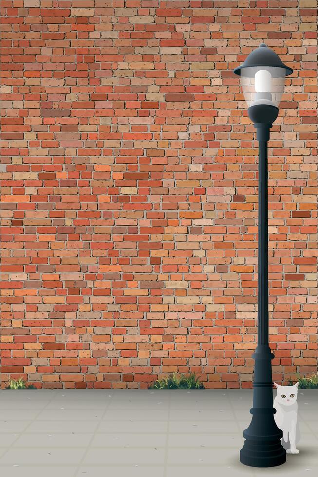 Old red brick wall vertical background with the sidewalk and lighting pole have a cat behind graphic illustration. vector