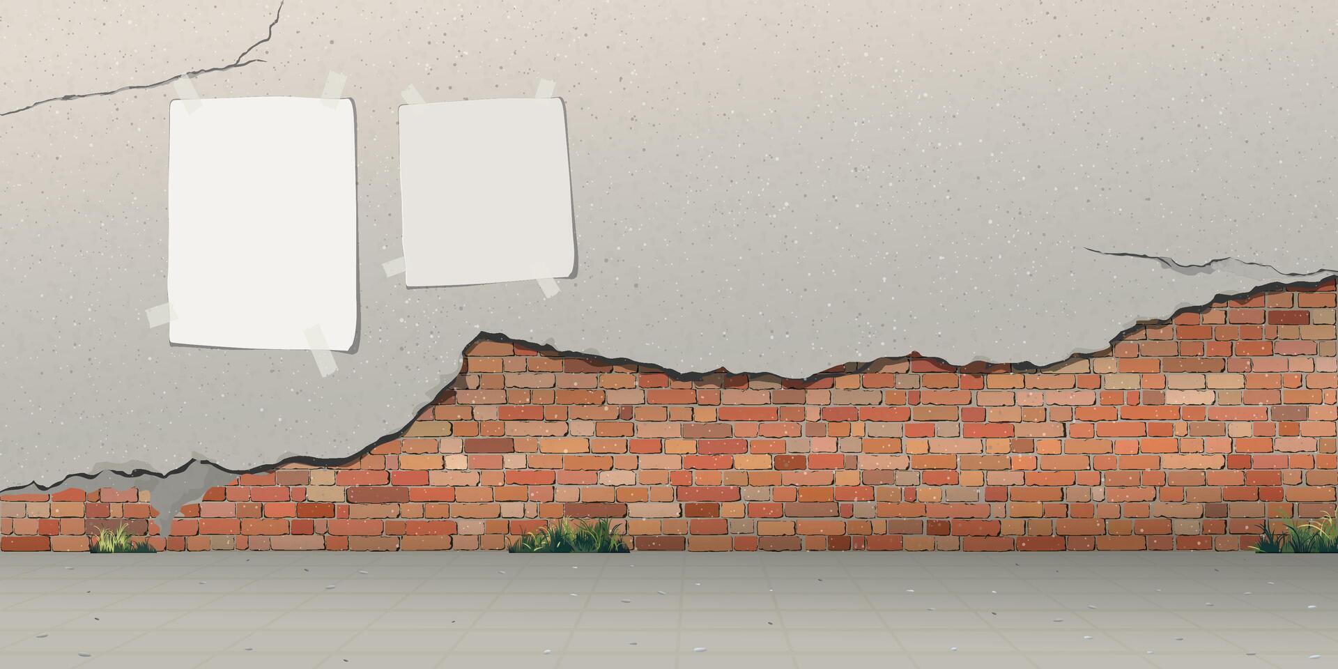 The old cement wall has been plastered until the plaster has cracked and revealed the brick inside have blank poster with the sidewalk graphic illustration. vector