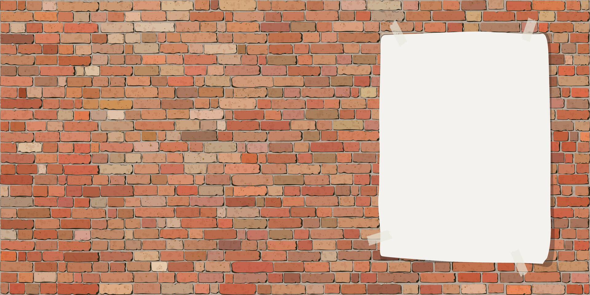 Old red brick block wall rough texture background with old blank white poster graphic illustration. vector