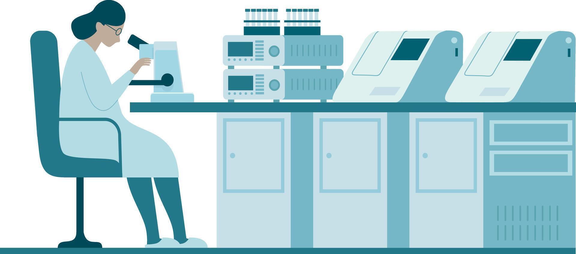 A woman in a lab coat is looking at a microscope vector