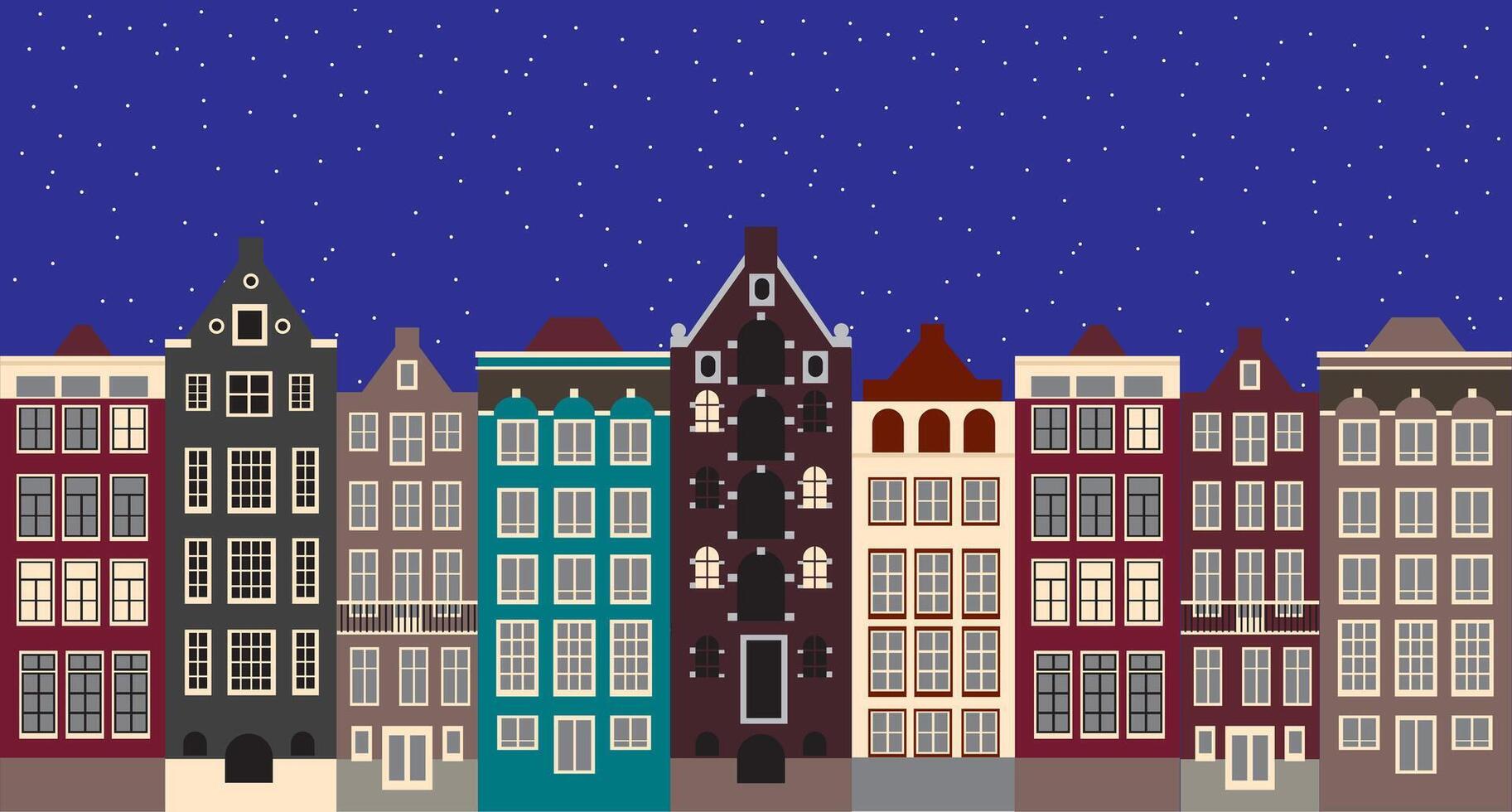 Amsterdam cityscape with buildings and snowflakes vector
