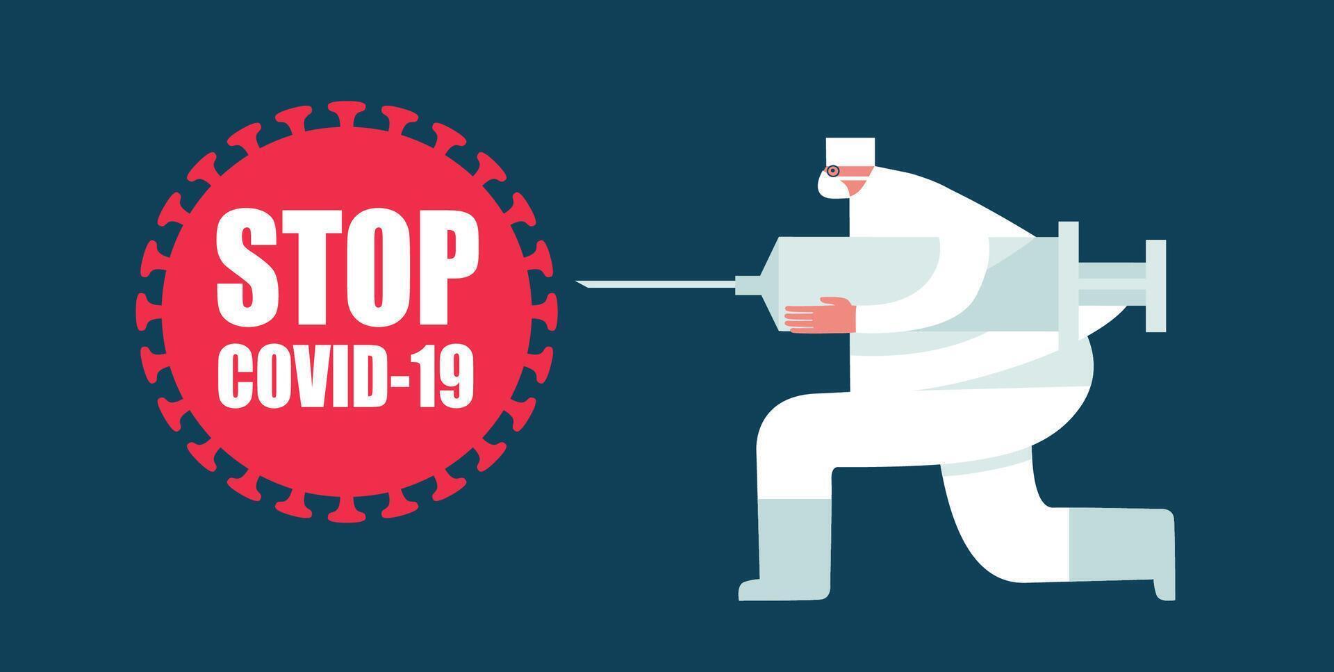 A man in a white suit holding a syringe with the word stop covidid 19 vector