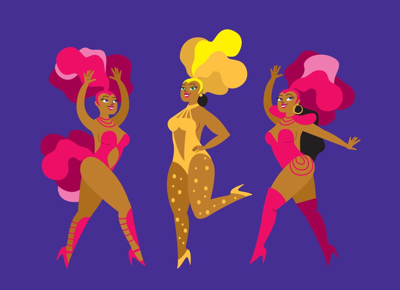 Three women in colorful costumes dancing on a purple background vector