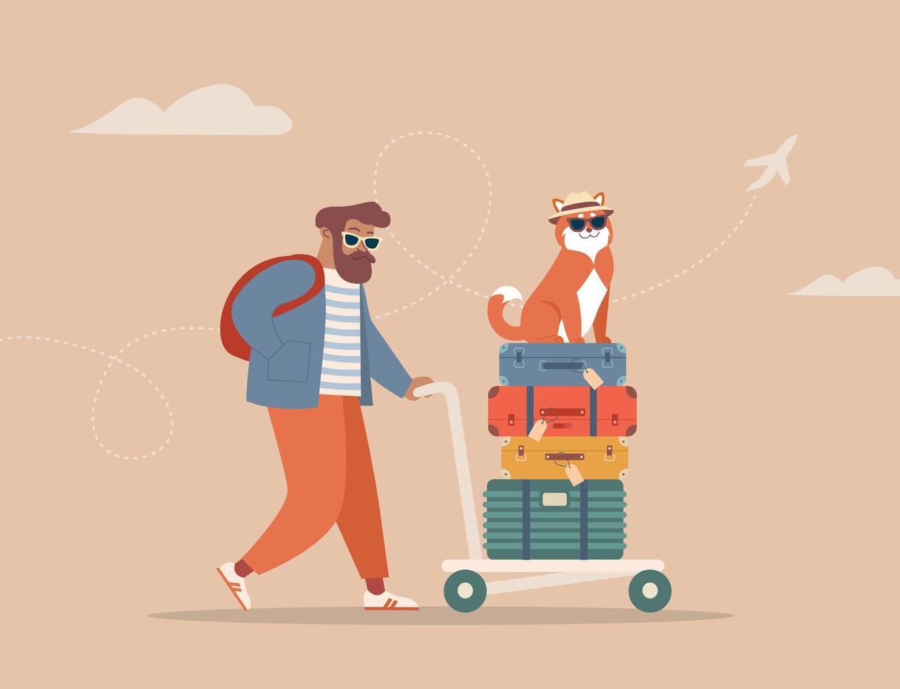 Man with luggage and dog on a trolley vector