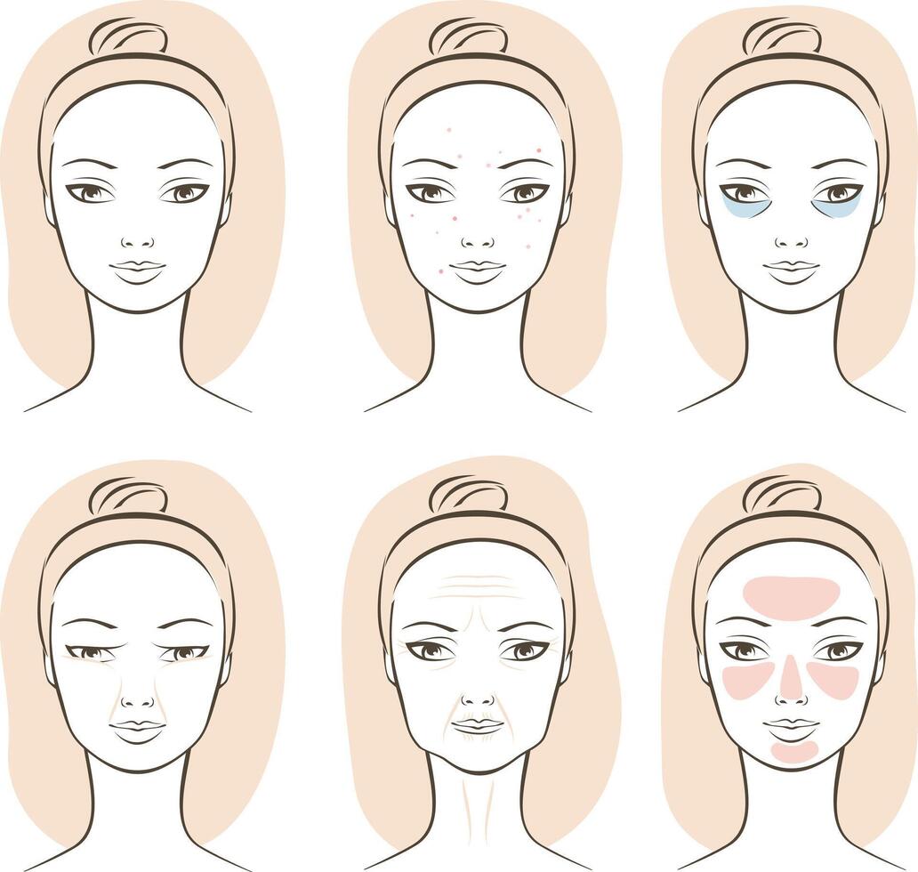 Facial skin problems acne, blackheads, pimples, dark circles, ptosis, wrinkles, rosacea, face swelling. Skincare set. illustration vector