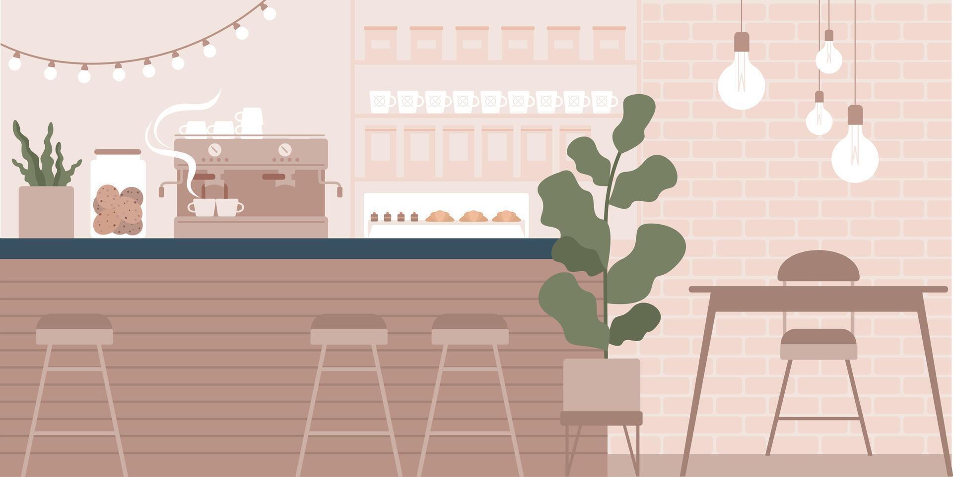A coffee shop with a counter, chairs, and plants vector