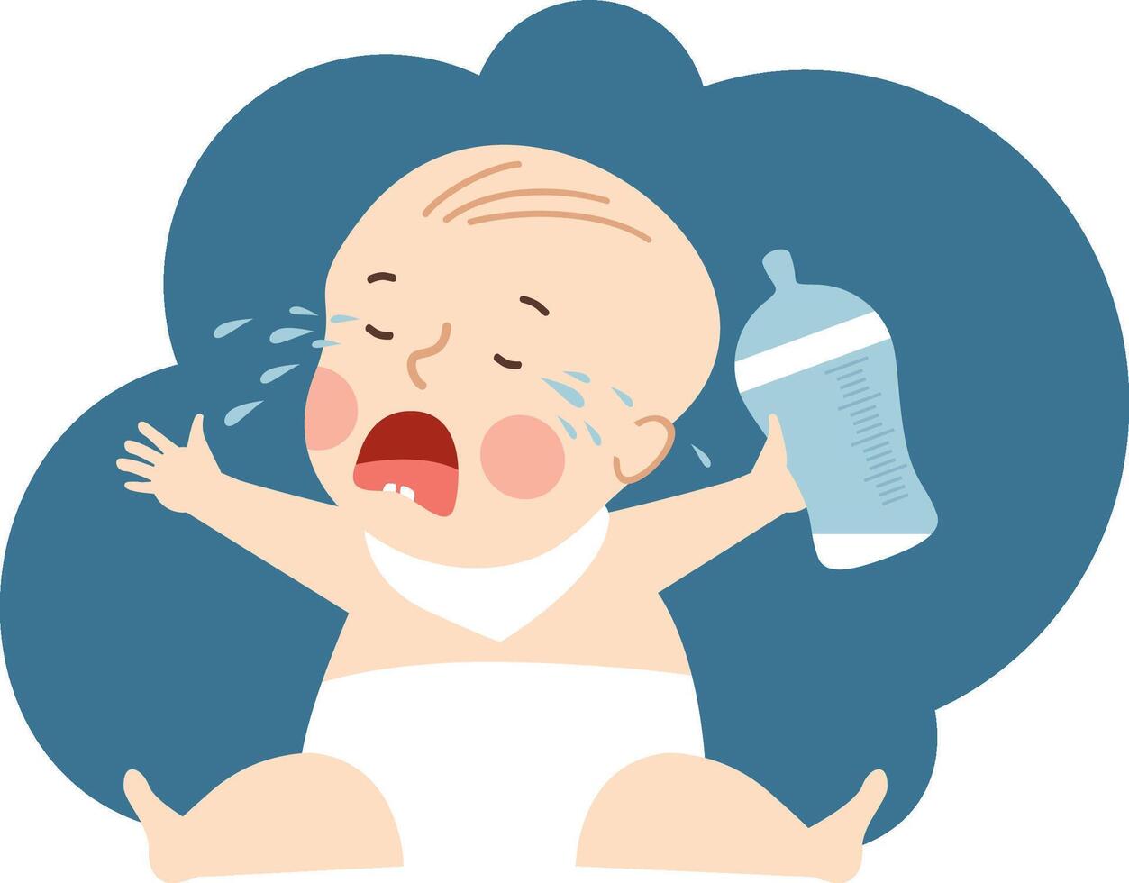 A baby crying and holding a bottle vector