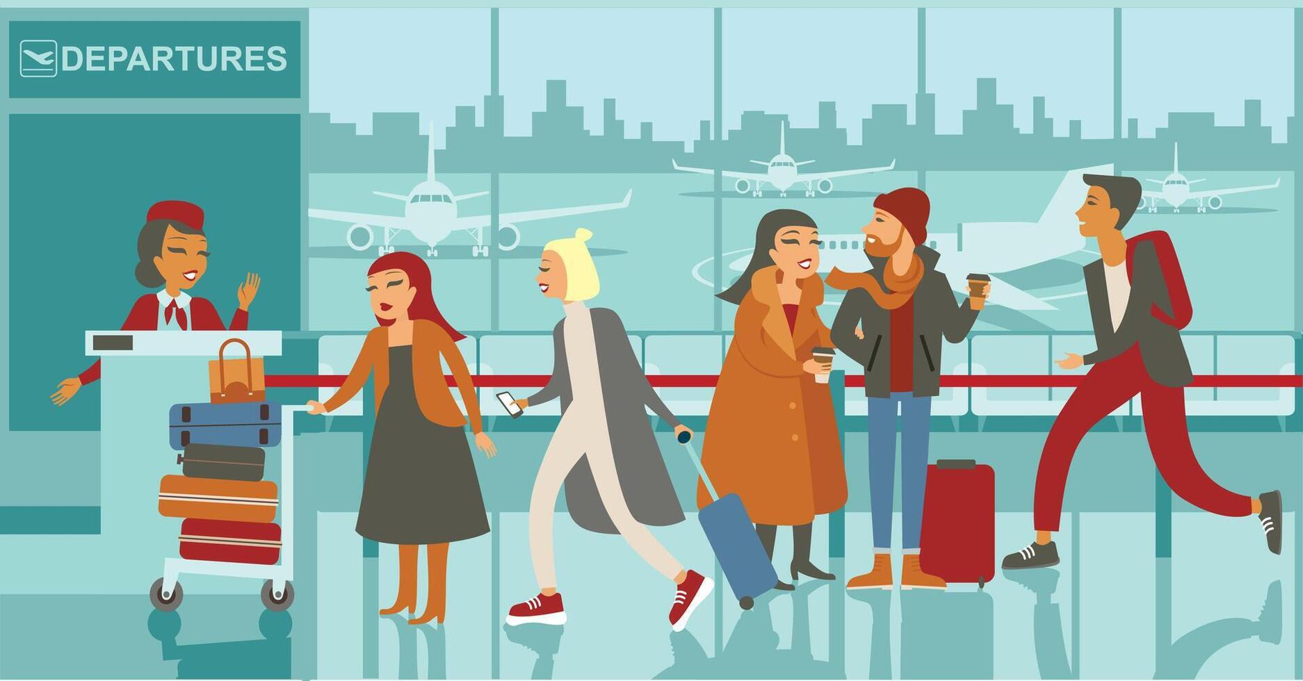 People at the airport with luggage and luggage carts vector