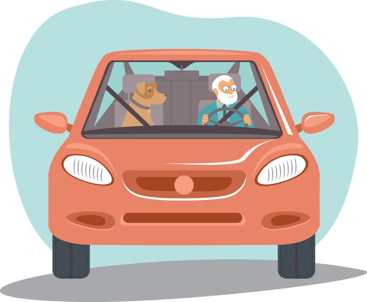 An old man and his dog in a car vector