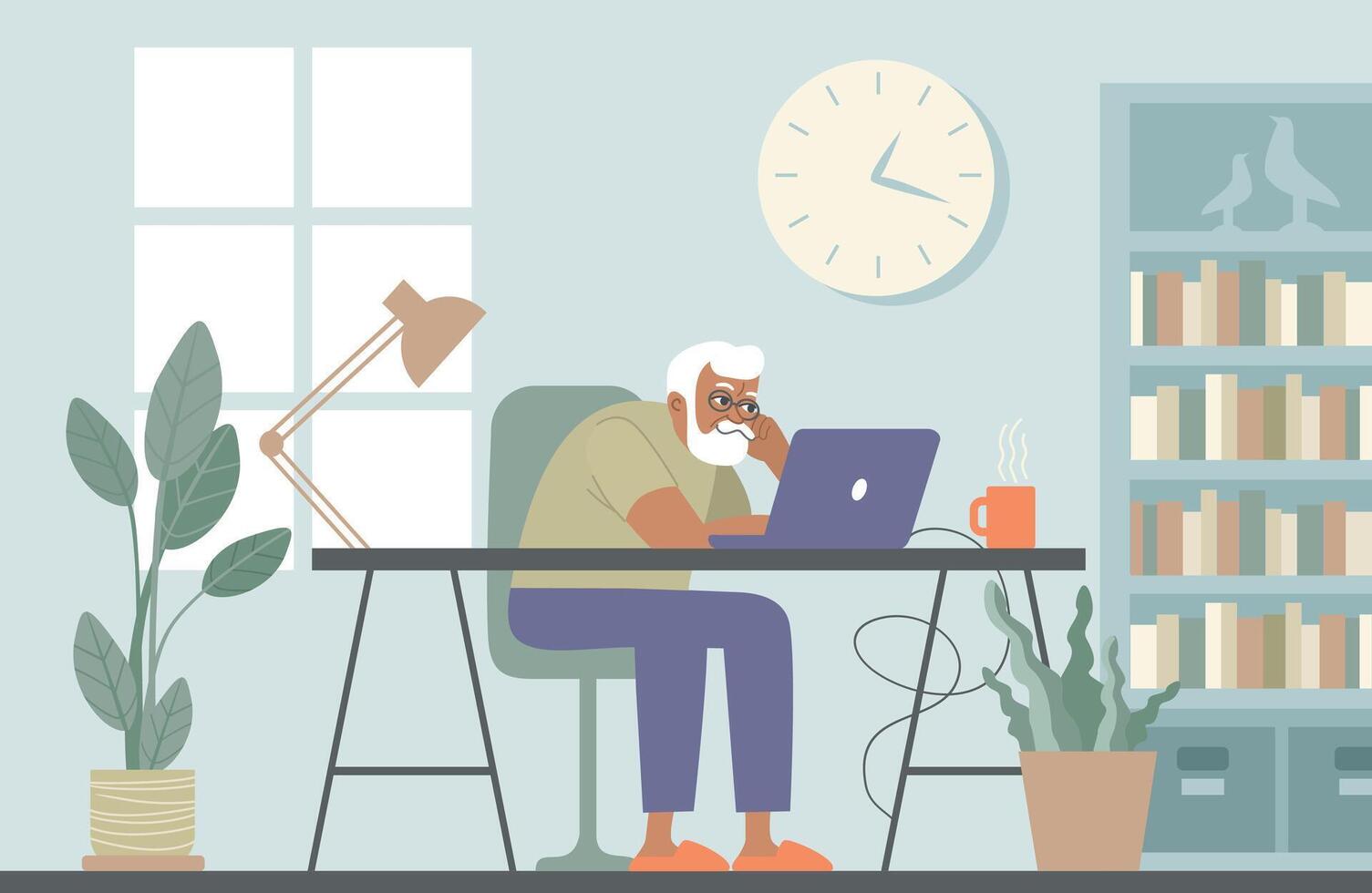 An illustration of a man sitting at a desk with a laptop vector