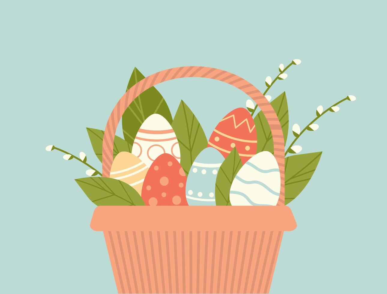 Easter basket with eggs and flowers on blue background vector