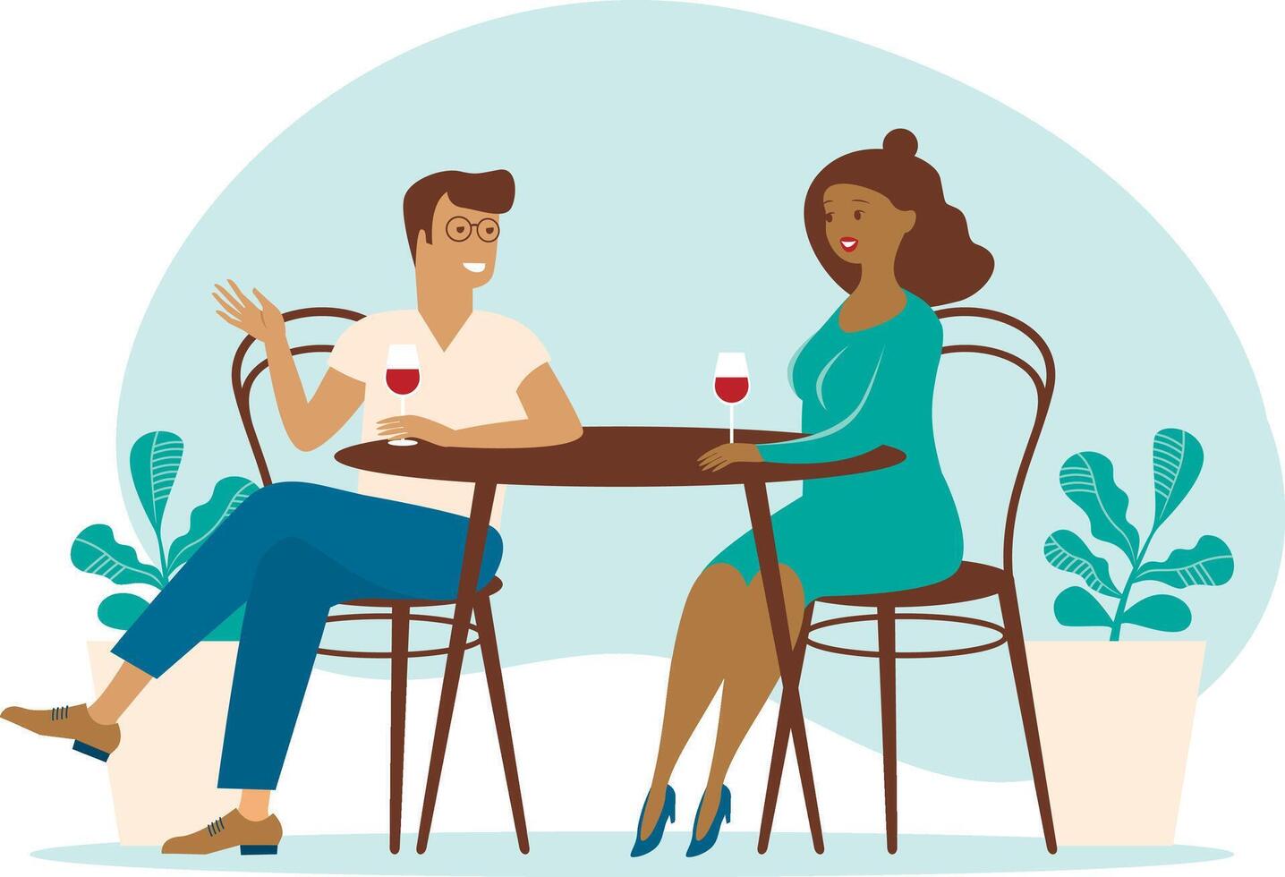 A man and woman sitting at a table with wine vector