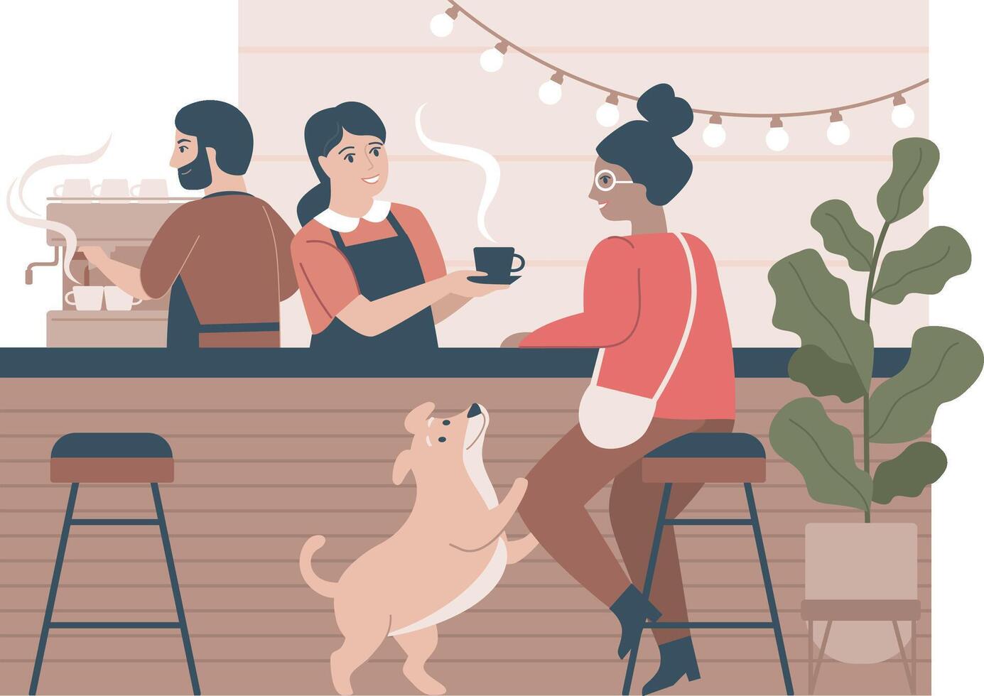 People sitting at a bar with a dog and a woman vector