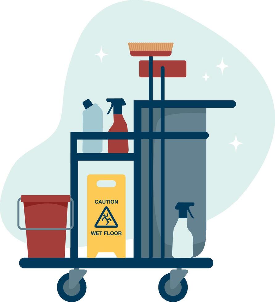 A cleaning cart with various cleaning supplies vector