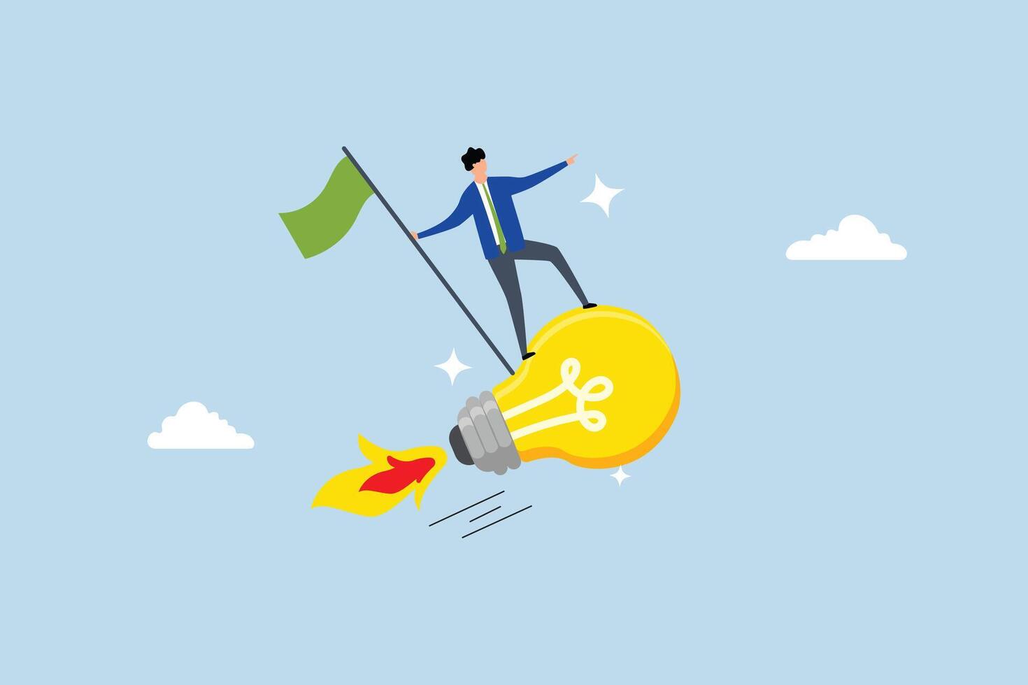 Success business idea, entrepreneur grasping victory flag atop soaring lightbulb concept. vector