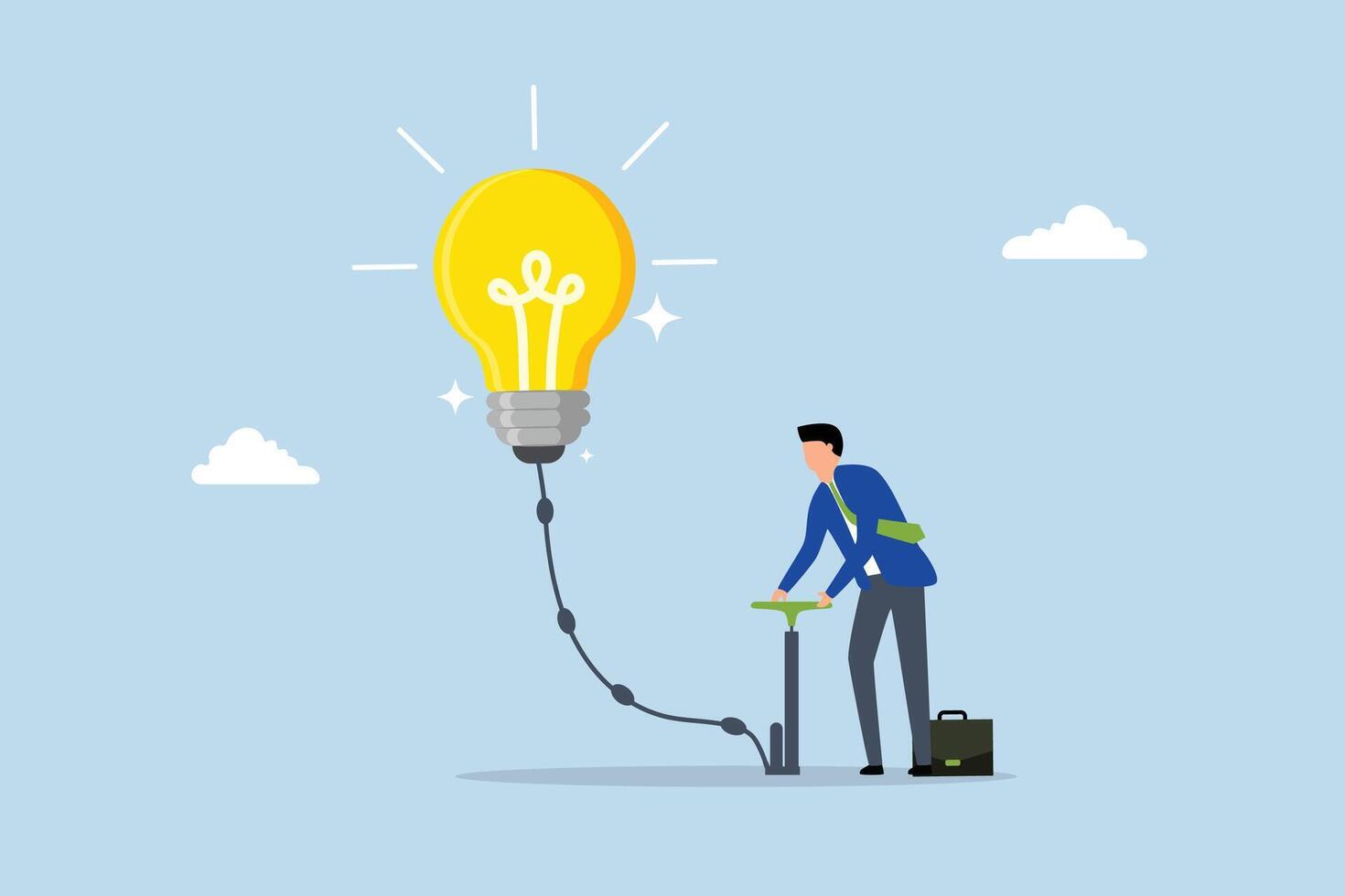 Create new idea, entrepreneur inflate air into large lightbulb concept vector