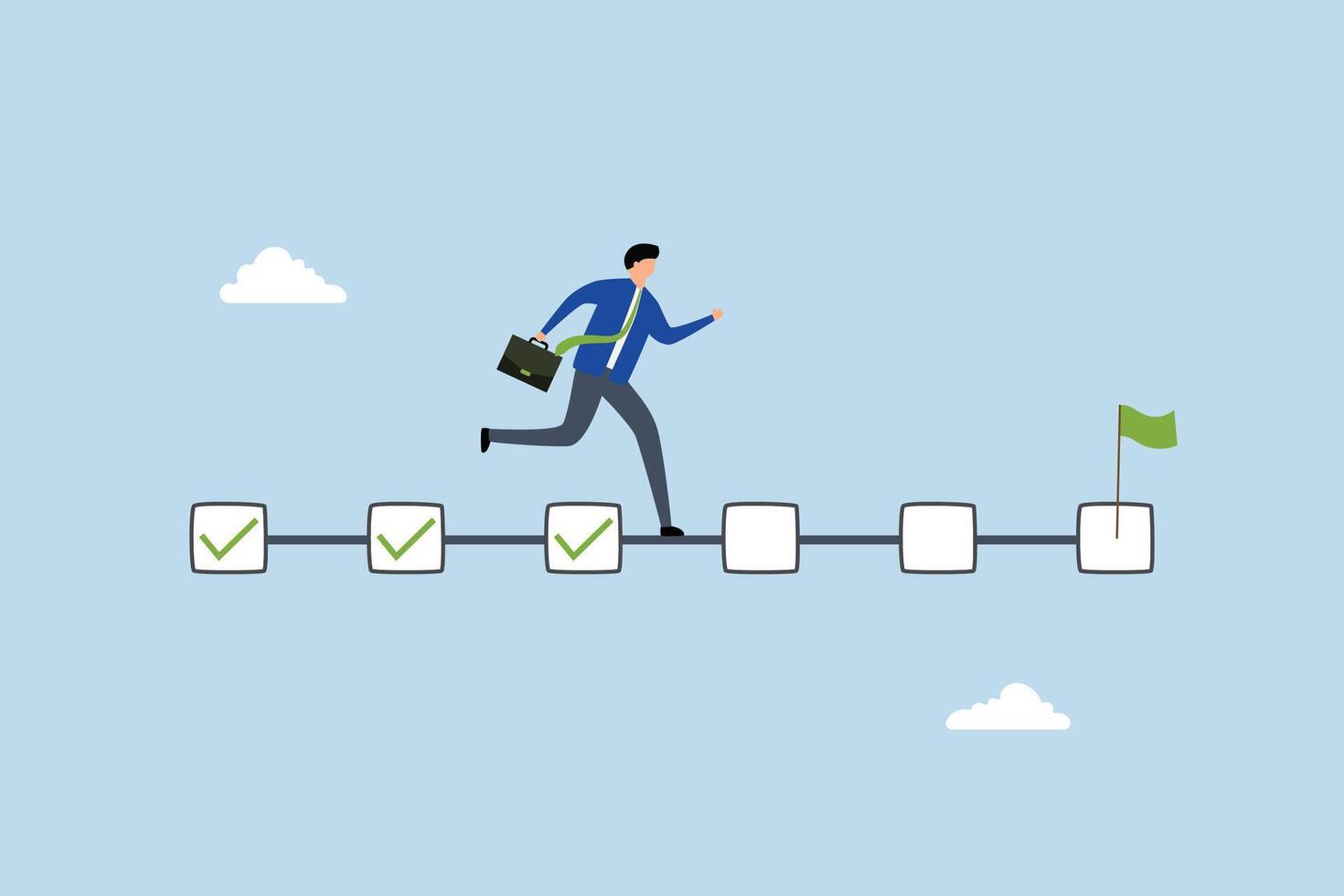 Project management, entrepreneur project leader progressing through finished checklist to achieve objective. vector