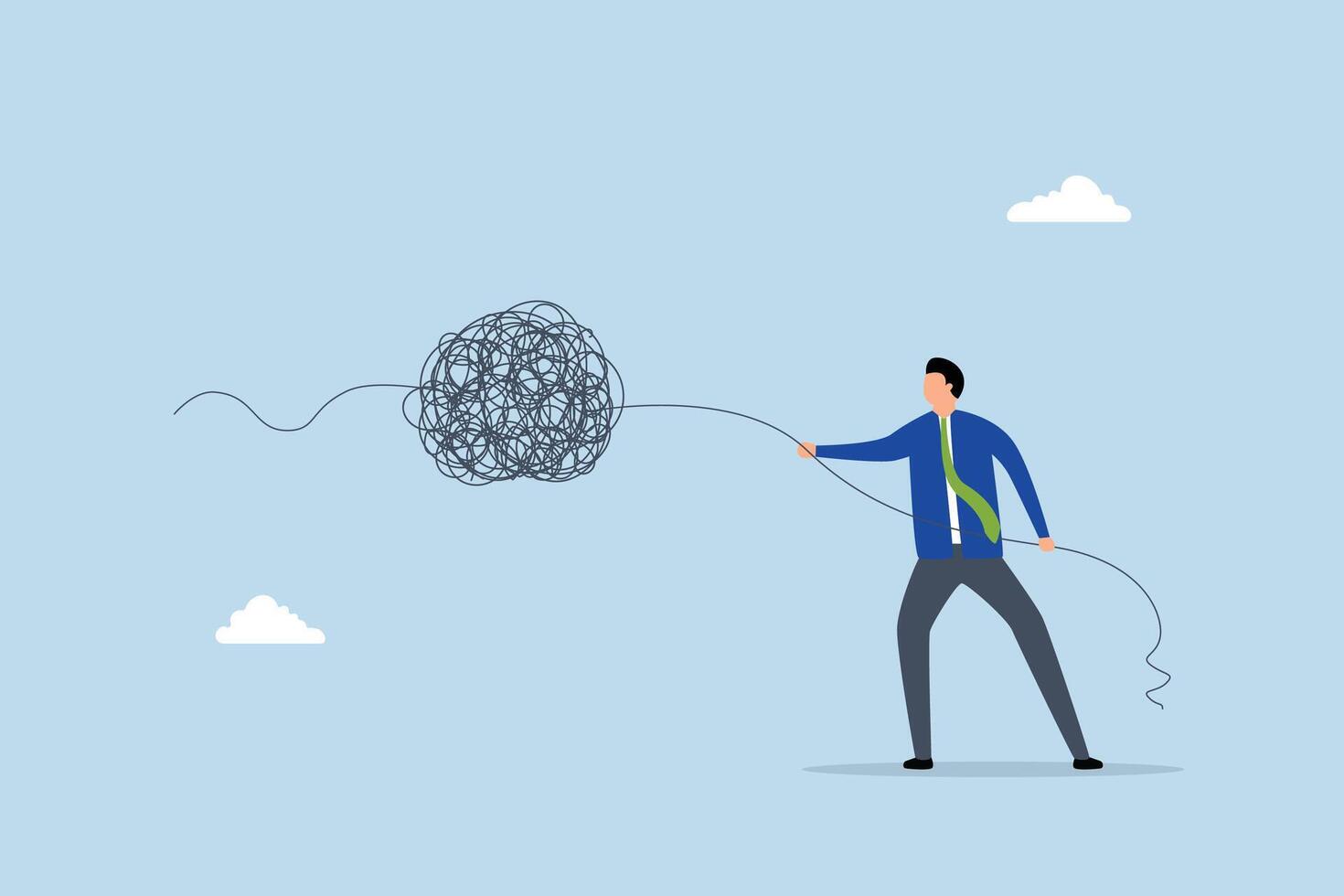 Unravel tangle problem, businessman manager unravel tangled rope. vector