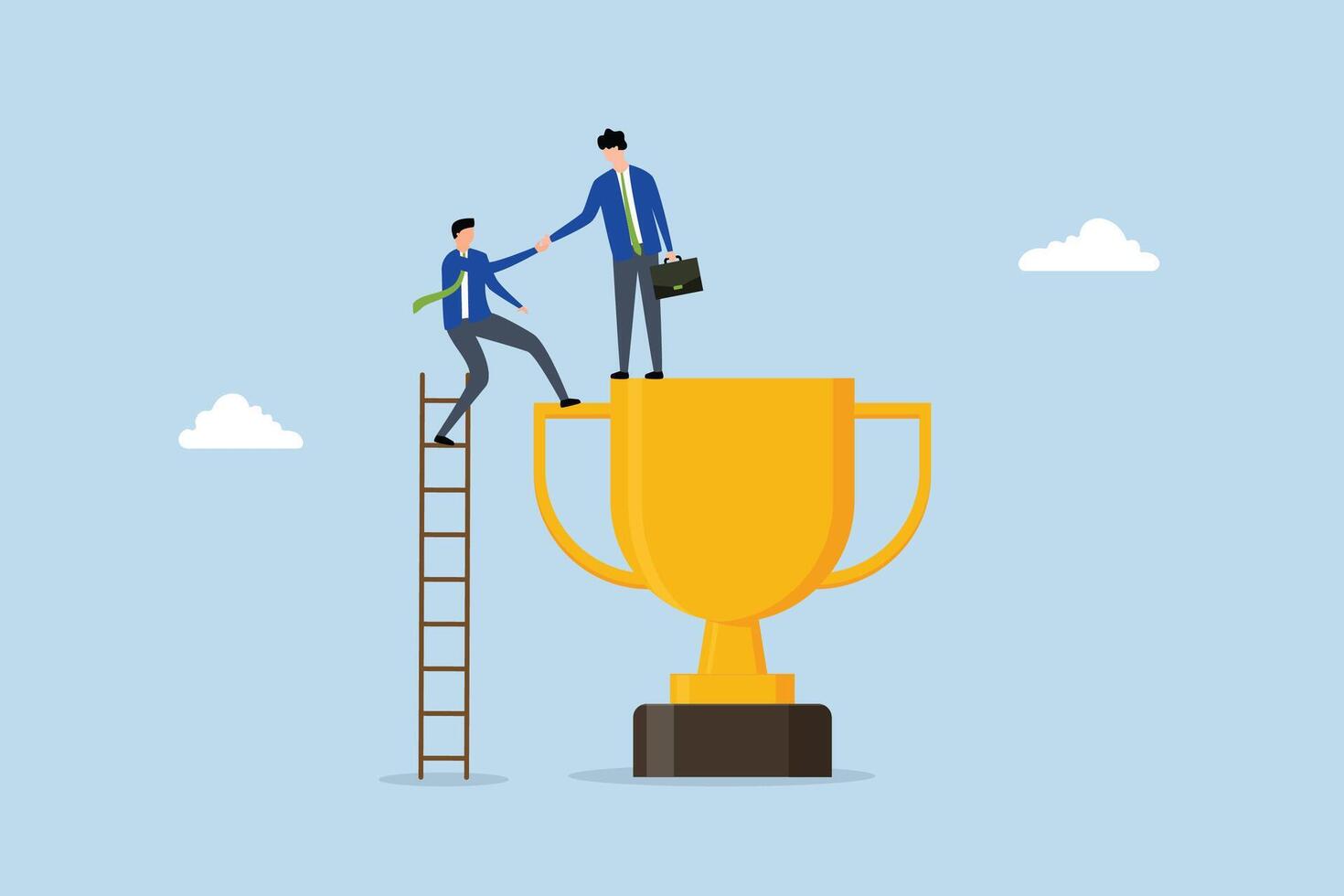 Partnership help success, Entrepreneur assists peers in ascending the ladder while standing on winning trophy. vector