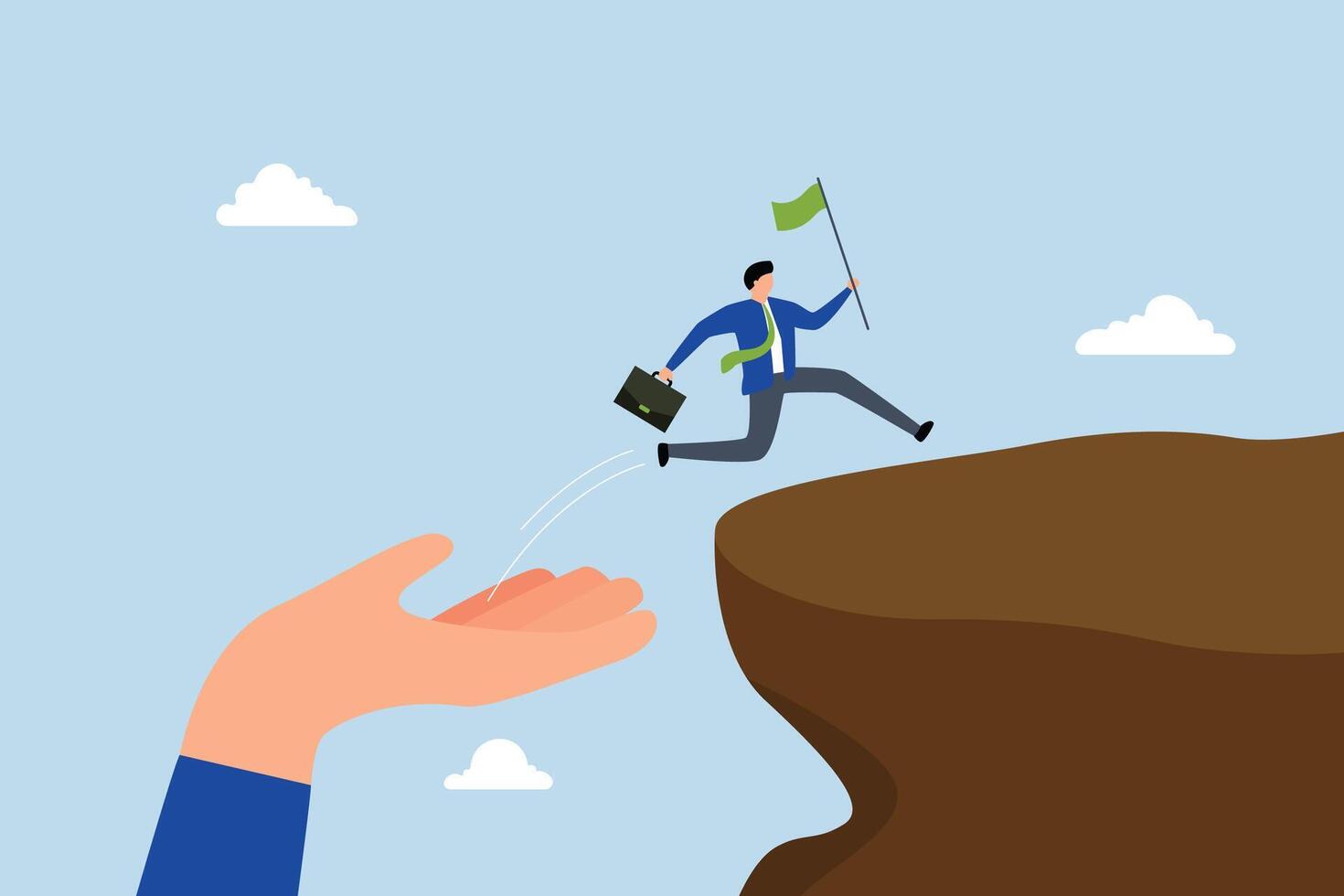 Helping hand, massive hand assists entrepreneur in leaping over cliff to achieve success. vector