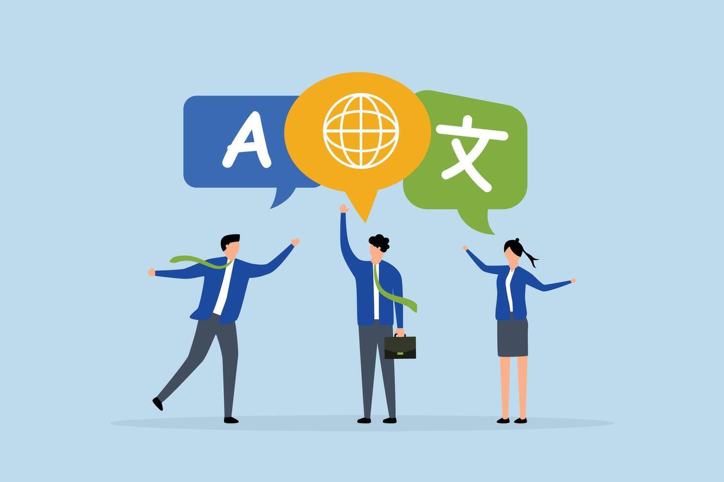 Language learning, young adults conversing with foreign international language symbol. vector
